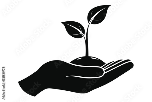 Black Silhouette of Hand Holding a Sprout with Two Leaves Upwards