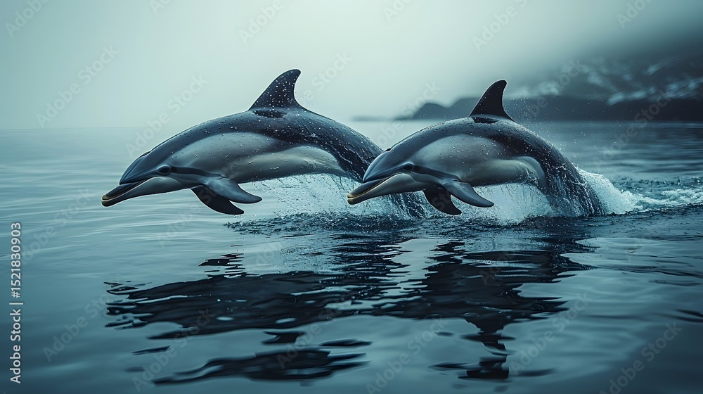 Obraz premium Two dolphins leaping in synchronized motion with mirrored reflections on the water s surface