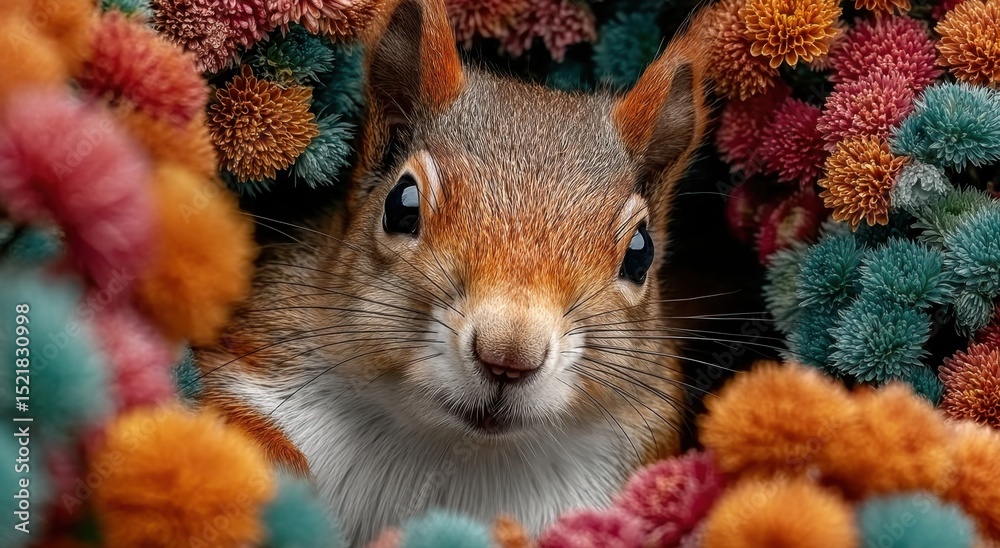 Fototapeta premium Close-Up of a Squirrel Surrounded by Colorful Flowers, Symbolizing Wildlife Conservation and the Beauty of Nature, Perfect for Environmental Awareness Campaigns : Generative AI