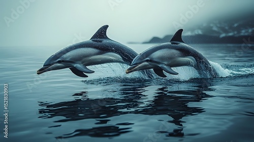 Two dolphins leaping in synchronized motion with mirrored reflections on the water s surface photo