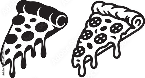 Black and white pizza slice graphic set with silhouette and outline line art