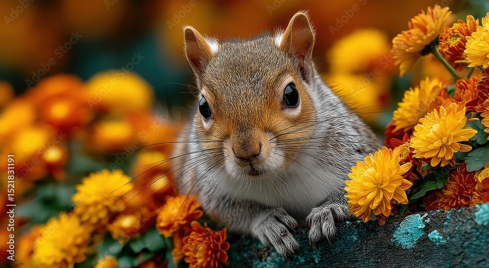 Fototapeta premium Gray Squirrel Surrounded by Orange and Yellow Flowers, Representing Autumnal Joy and Wildlife Conservation Efforts : Generative AI