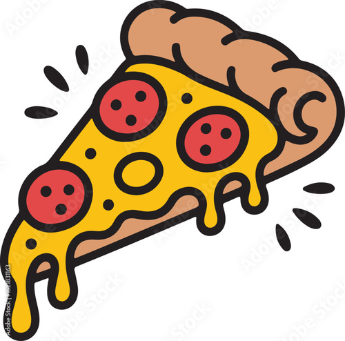 Flat style cartoon pizza slice with dripping cheese and pepperoni vector illustration