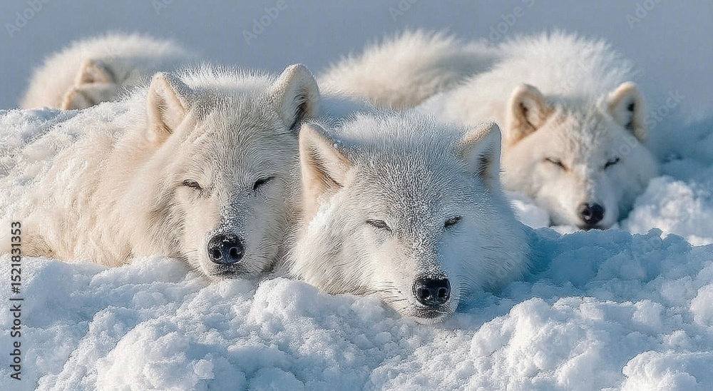 Obraz premium Arctic Wolves Resting Peacefully in the Snow, Representing Tranquility and Wildlife Conservation, Perfect for Nature and Environmental Awareness Campaigns : Generative AI
