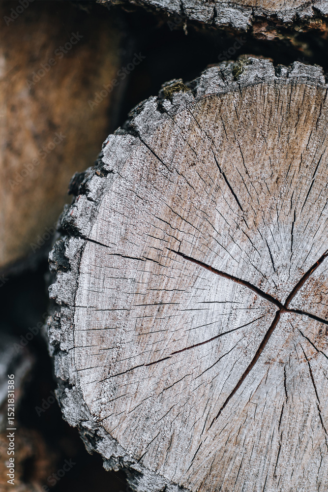 Naklejka premium Close-Up of Tree Trunk Cross-Section Showing Growth Rings and Cracks