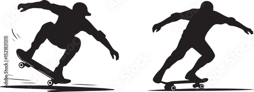 Two skateboarders performing tricks in black and white silhouette.