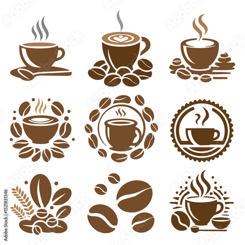 Coffee cups and beans icons silhouette vector