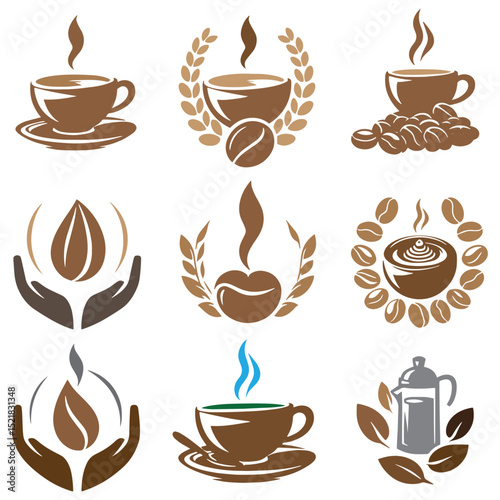 Coffee cups and beans icons silhouette vector