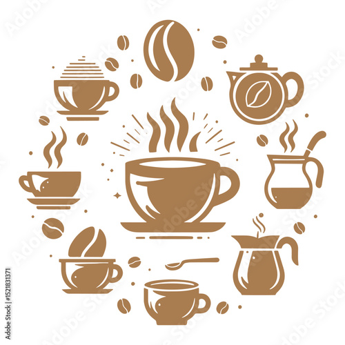Coffee cups and beans icons silhouette vector