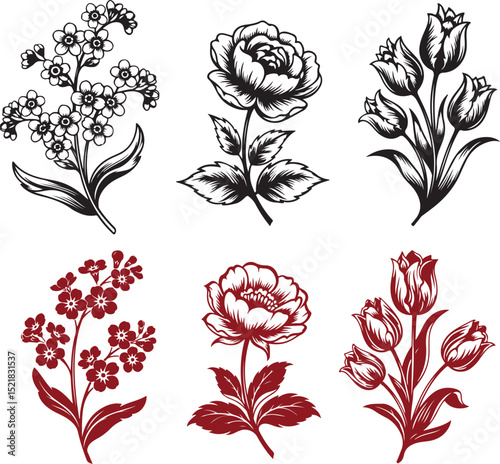 Three stylized floral designs in black silhouette.  