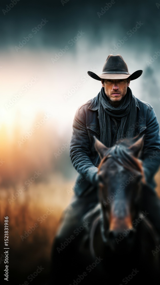 Fototapeta premium Cowboy riding horse in misty landscape at dawn during a serene outdoor adventure