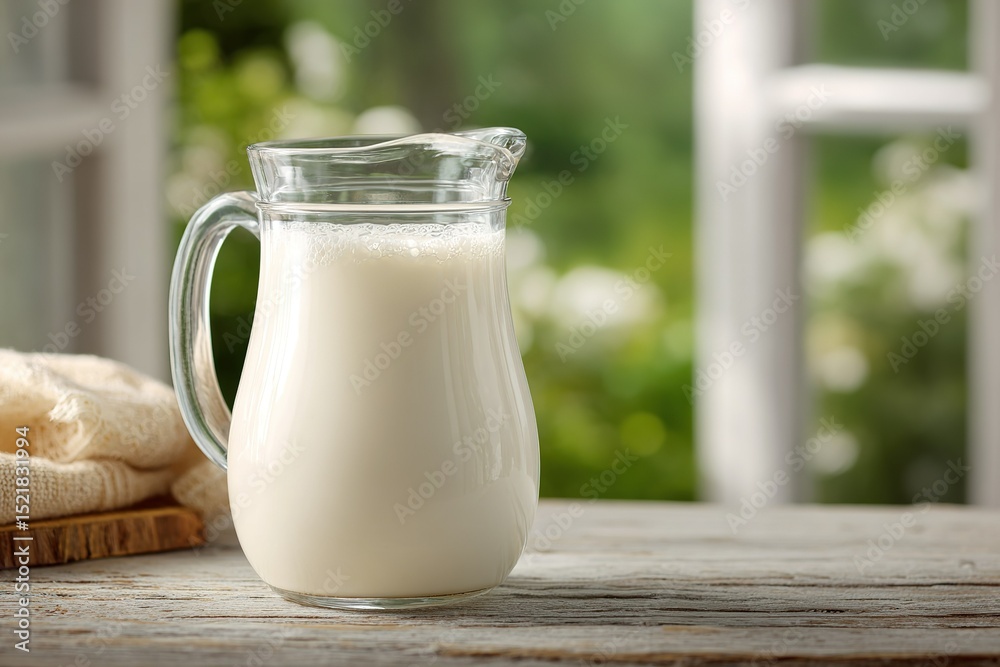 Freshly poured milk in a glass jug on a rustic wooden table with a blurred garden background during daylight Freshly poured milk in a glass jug on a rustic wooden table with a blurred garden background during daylight