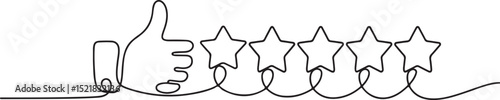 Continuous one line drawing of thumbs up with five stars, customer feedback rating, e-commerce buyer experience sketch

