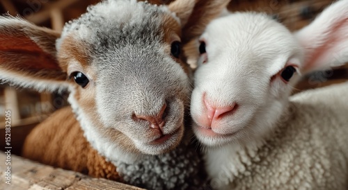Close-Up of Two Lambs Together, Symbolizing Friendship and Farm Animal Welfare, Perfect for Agricultural Marketing and Children's Education Campaigns : Generative AI photo