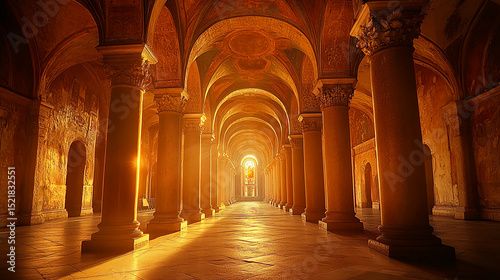 Ancient architecture building interior with columns arches and light for travel and history lovers