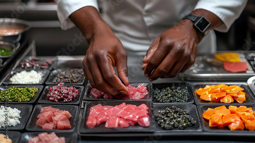 Chef preparing gourmet food professional kitchen fine dining restaurant culinary arts preparation cuisine  100