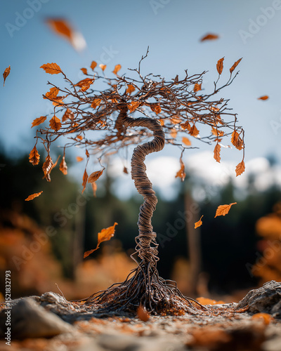 wire sculpture of a tree with falling autumn leaves