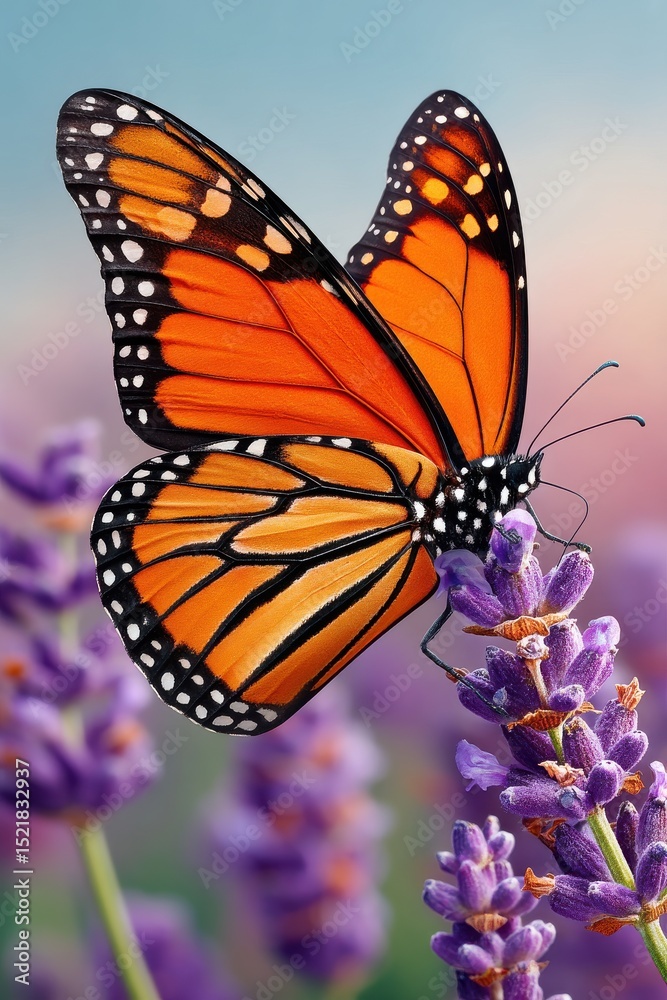 Obraz premium Monarch butterfly resting on a vibrant lavender flower in sunlight