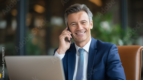 Professional Businessman at Modern Office Desk with Laptop and Phone Call photo