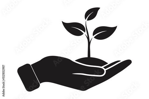 Black Graphic Sprout in Hand, Symbolizing Nurturing, Environment, and Sustainable Growth