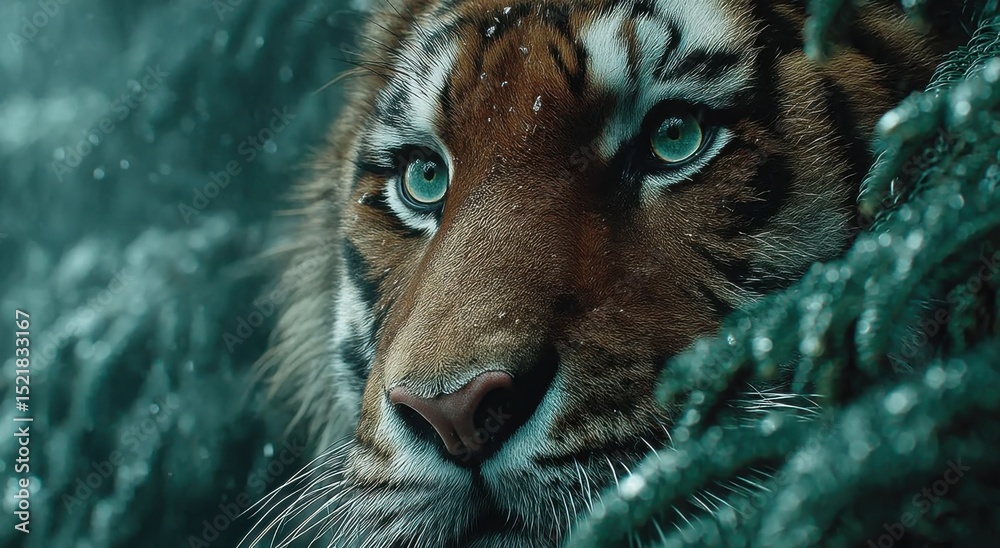 Fototapeta premium Close Up of a Tiger's Face in a Snowy Forest, Representing Wildlife Conservation and Environmental Awareness, Perfect for Nature and Animal Lovers : Generative AI
