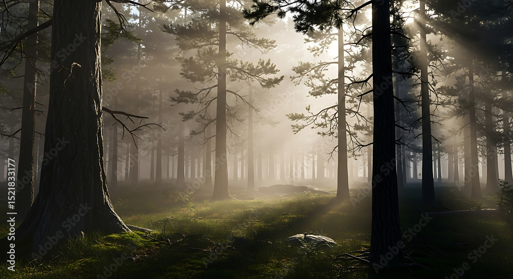 Naklejka premium Sunbeams Piercing Through Misty Forest A Serene Nature Photography