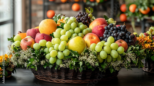 Fresh fruit basket arrangement with grapes apples peaches and oranges healthy eating and fruit gifts