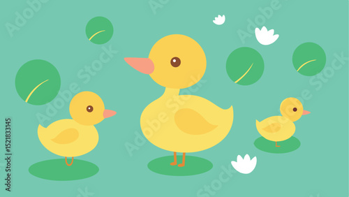 Adorable cartoon family of yellow ducks floating on a greenish pond