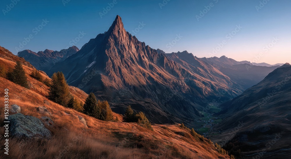 Obraz premium Majestic Mountain Peak at Sunrise Over Valley, Representing Adventure and Outdoor Tourism, Inspiring Exploration and Discovery : Generative AI