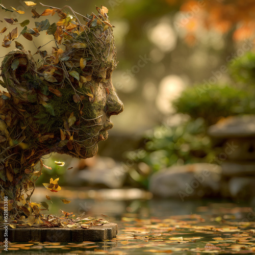 sculpture of a face made from leaves