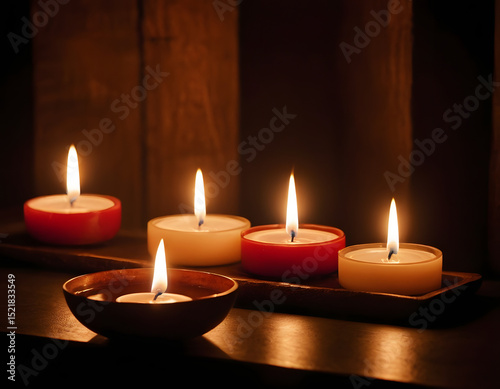 modern spa room, Moody picture of a zen-inspired spa scene with candles on a dark background