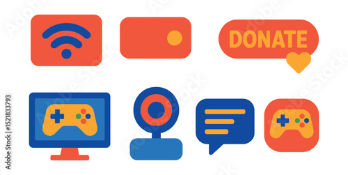Flat vector icons of streaming and live gaming: stream icon, live broadcast badge, viewer count symbol, donation button, stream overlay screen, webcam setup, chat overlay bubble, platform stream tag.