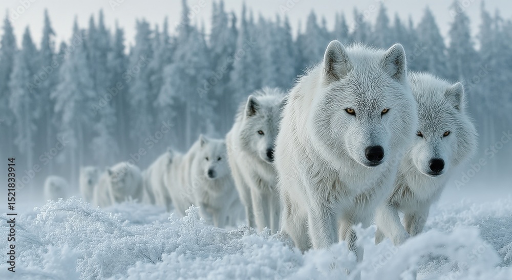 Fototapeta premium Pack of Arctic Wolves Walking Through Snowy Forest in Winter, Representing Wilderness Conservation and Wildlife Protection : Generative AI