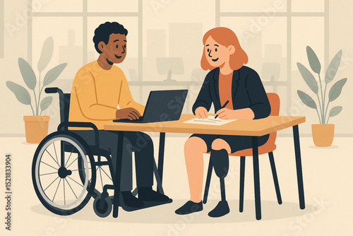  Two men with disabilities working at desk – wheelchair user and man with prosthetic leg, clean indoor vector