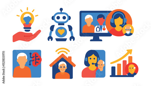 Flat vector icons of future-focused elder care: innovation in caregiving icon, robotic assistant badge, telehealth screen, virtual caregiver, AI elder monitoring icon, smart home for seniors, future