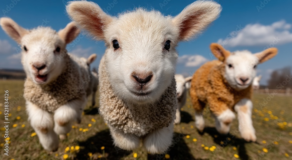 Obraz premium Lambs Running in a Field of Dandelions Under a Blue Sky, Symbolizing Springtime Joy and Agricultural Abundance for Family Farming and Rural Tourism : Generative AI