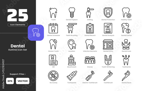 Dental Icon Set Collection with Outline or Line Art Style. Including Bill, Braces, Broken, Tooth, Dental, Analysis, Care, Caries, Clinic, Floss, Implant, Protection, Record, Schedule, Drilling.
