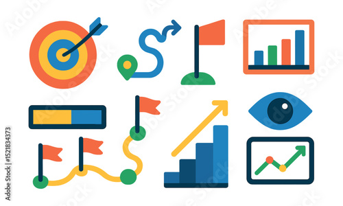 Flat vector icons of goal setting and progress tracking: goal target icon, progress path symbol, milestone flag, timeline chart, completion percentage bar, success roadmap, step-by-step icon, vision