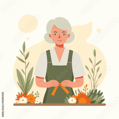 Cheerful elderly woman crafting a floral arrangement with colorful flowers, against a soft pastel background, concept of florist shop or gardening business