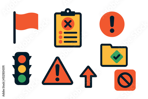 Flat vector icons of risk and issue management: risk flag icon, issue log clipboard, problem alert badge, mitigation plan folder, red-light status icon, priority risk triangle, escalation arrow,