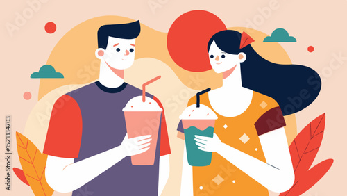 Young couple enjoying drinks together in a colorful abstract setting  