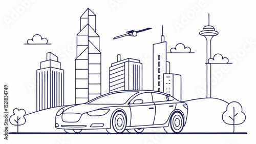 Generated AI Cityscape Vector Illustration of a Self-Driving Car in a Modern Urban Environment