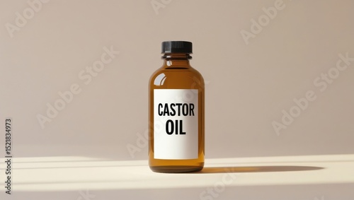 Glass bottle of castor oil with a metal cap and bold “Castor Oil” label, placed on a beige background. Clean, minimal composition ideal for health, wellness, and skincare themes.