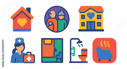 Flat vector icons of home and residential care: cozy home icon, nursing home badge, residential care facility, private room icon, home visit nurse, assisted living layout, senior-friendly bathroom,