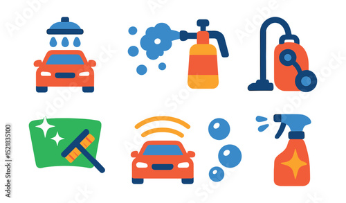 Flat vector icons of car wash and cleaning: car under water spray, foam cannon, washing brush, vacuum cleaner, clean windshield, car drying icon, soap bubbles, detailing spray.