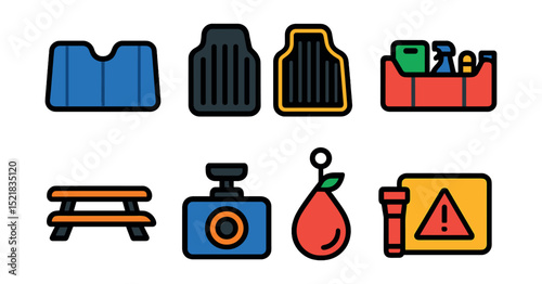 Flat vector icons of car accessories: sunshade, floor mats, phone mount, trunk organizer, roof rack, dash cam, car fragrance, emergency kit.