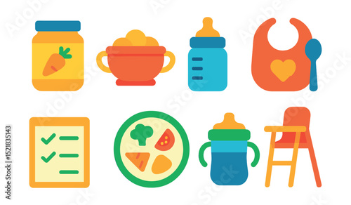 Flat vector icons of nutrition and feeding: baby food jar, toddler snack bowl, bottle feeding icon, spoon and bib, meal schedule chart, healthy plate for kids, hydration sippy cup, high chair symbol.