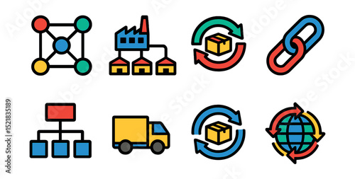 Flat vector icons of supply chain management: connected nodes, supplier network, product lifecycle, chain link icon, flow chart, supply icon, distribution loop, global supply icon.