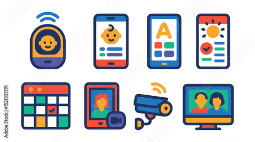 Flat vector icons of childcare technology and innovation: smart baby monitor, childcare app screen, learning tablet, routine tracker, digital schedule board, virtual nanny call, remote camera symbol,