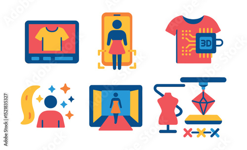 Flat vector icons of future fashion technology: digital clothing icon, AR try-on symbol, smart textile badge, 3D printed accessory, fashion metaverse icon, tech runway screen, virtual showroom symbol
